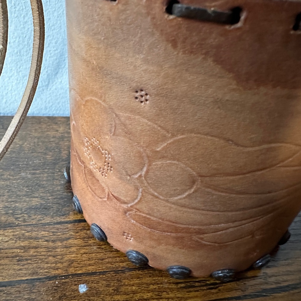 VTG Handcrafted Tooled Leather Cylinder Bucket Bag Drawstring Backpack Studded - Picture 5 of 11